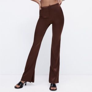 Zara Full Length Chocolate Brown High Waisted Satin Effect Pants Sz Medium NEW